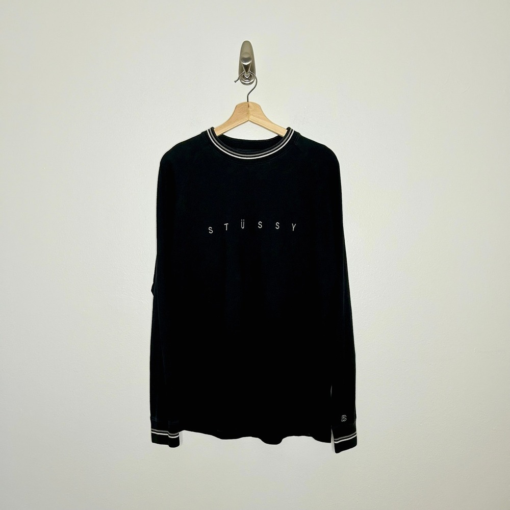 Stussy Embroidered Logo Striped Collar Long Sleeve Shirt Black Sz L